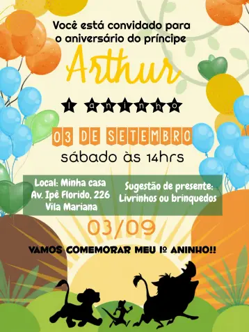 Convite Rei Leão Floresta editável e personalizável