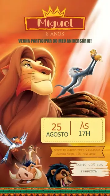 Convite Rei Leão Mufasa editável e personalizável