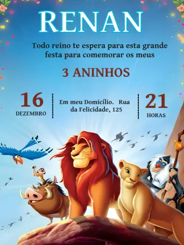 Convite Rei Leão para aniversário infantil – tema aniversário infantil (cores vibrantes, estilo divertido, elementos da selva, ilustração lúdica, inspirado no cinema, tons quentes)