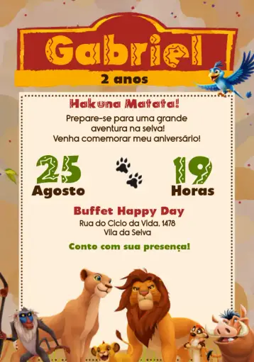 Convite Rei Leão Lion para aniversário infantil – tema aniversário infantil (colorido, selvagem, divertido, inspirado na Disney, aventura, jungle)