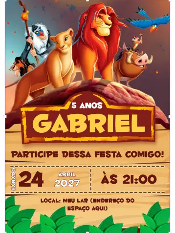 Convite Rei Leão Mufasa Simba para aniversário infantil com tema do rei leão. – tema aniversário infantil (cores vibrantes, estilo lúdico, elementos da selva, ilustrações animadas, tema safari, estética divertida)