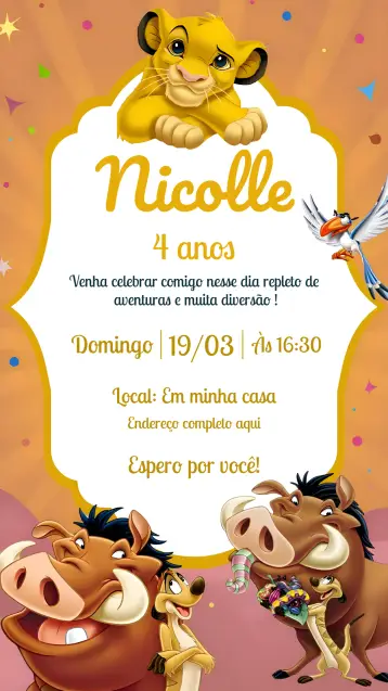 Invitación El Rey León editable y personalizable