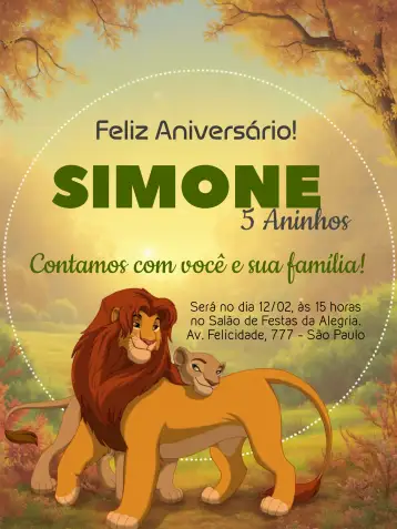 Convite Rey León Simba para cumpleaños infantil con temática del rey león. – tema cumpleaños infantil (temática de El Rey León, colores vibrantes, diseño lúdico, elementos gráficos de safari, estilo divertido, toques femeninos)
