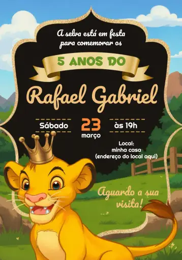 Convite Rei Leão Simba Mufasa para aniversário infantil com tema do rei leão. – tema aniversário infantil (selva, colorido, aquarela, vibrante, disney, aventura)