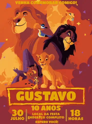 Convite Rey León Timón para cumpleaños infantil con temática rey león. – tema cumpleaños infantil (selva, colorido, animales, divertido, infantil, aventura)