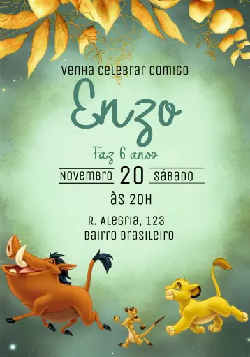Convite Rei Leão Verde editável e personalizável