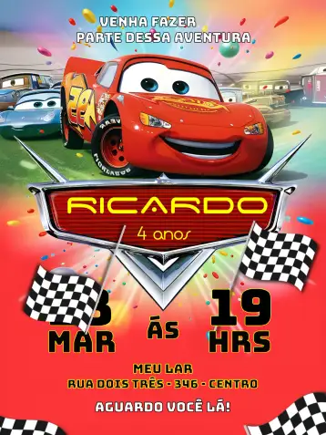 Convite Rayo McQueen Carrera para cumpleaños infantil con temática de carreras. – tema más buscados (rojo vibrante, coches de carreras, estilo infantil, gráficos divertidos, tema de aventura, elementos de Disney)