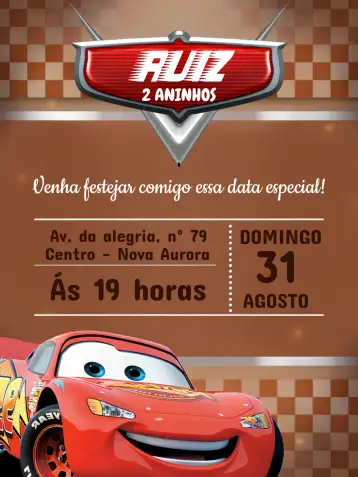 Convite Relâmpago Mcqueen Queen para aniversário infantil com tema de carros. – tema mais pesquisados (vermelho vibrante, estilo moderno, elementos gráficos de carros, temática de velocidade, divertido e alegre)