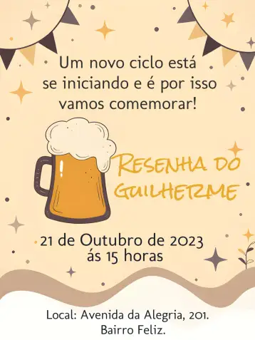 Convite Reseña Cerveza Bar para aniversario con temática de bar y cerveza. – tema cumpleaños (vintage, moderno, colorido, descontraído, boho, estilo bar)