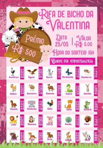 Convite Rifa De Bicho Fazendinha Bixo para ideal para chá rifa e eventos divertidos com amigos e familiares. – tema té rifa (granja, colorido, divertido, rústico, infantil, animales)