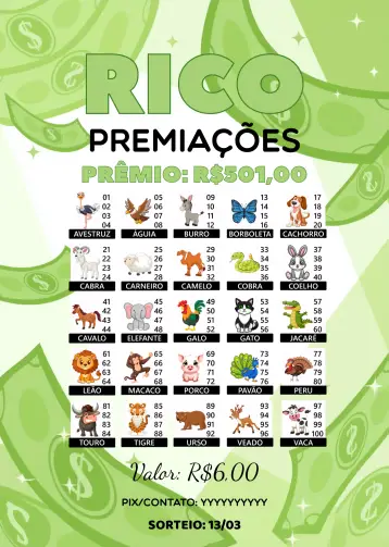 Convite Rifa De Bicho Premiações Animais para rifa beneficente ou festa temática com animais. – tema cartelas (colorido, lúdico, divertido, animal print, moderno, jovial)