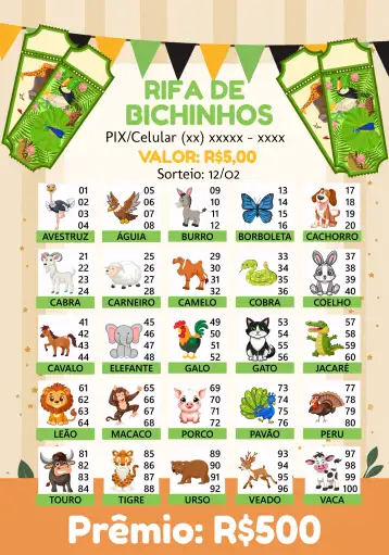 Convite Rifa De Bicho Premiações Premiação editável e personalizável