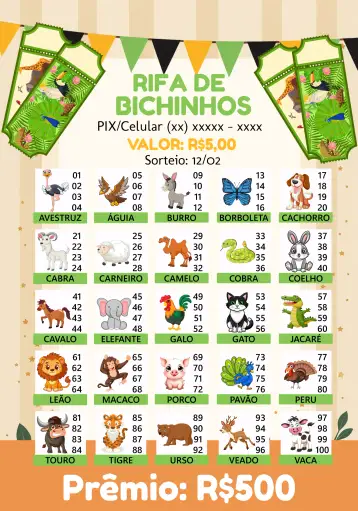 Convite Rifa De Bicho Premiações Premiação para ideal para eventos de rifa e sorteios. – tema cartelas (colorido, divertido, lúdico, moderno, animado)
