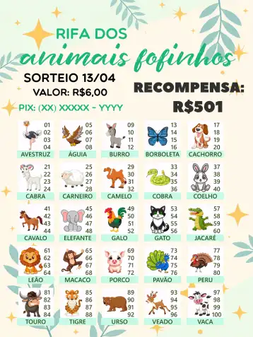Convite Rifa De Bicho Premiações Bichinhos editável e personalizável