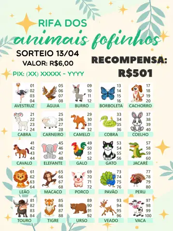 Convite Rifa De Bicho Premiações Bichinhos editável e personalizável