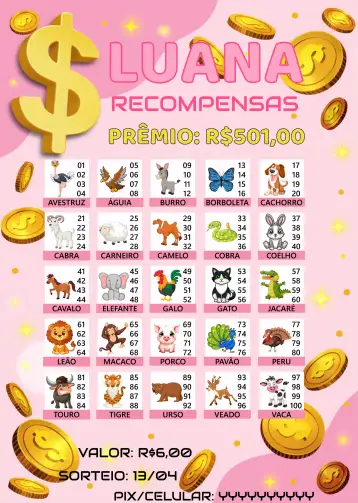 Convite Rifa De Bicho Premiações Bixo para evento de rifa com amigos e familiares. – tema cartelas (colorido, divertido, animais, jovial, brincalhão, ilustrações)