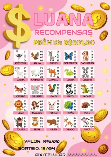 Convite Rifa De Bicho Premiações Bixo para evento de rifa com amigos e familiares. – tema cartelas (colorido, divertido, animais, jovial, brincalhão, ilustrações)