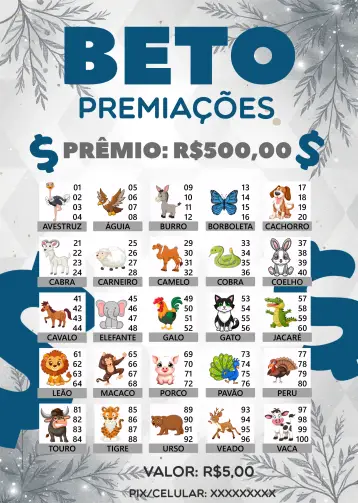 Convite Rifa De Bicho Premiações Cartela para evento de rifa e jogos de sorte – tema cartelas (colorido, divertido, animais, moderno, jovial)