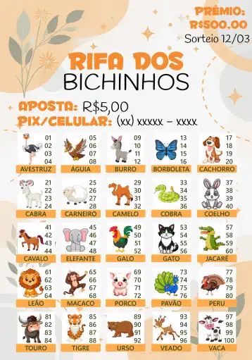 Convite Rifa De Bicho Premiações Jogo editável e personalizável