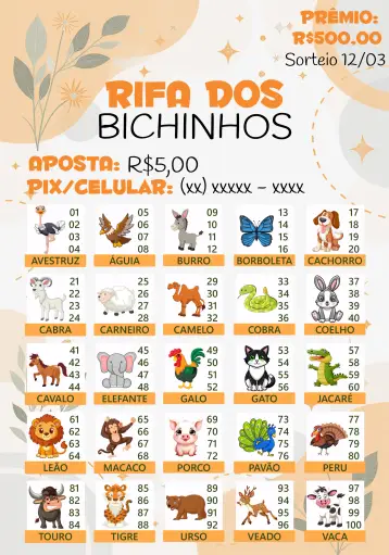 Convite Rifa De Bicho Premiações Jogo para festas de aniversário e eventos de confraternização. – tema cartelas (colorido, divertido, jovial, lúdico, festivo, animado)