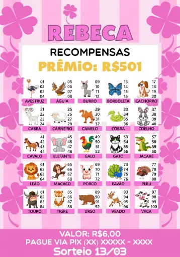 Convite Rifa De Bicho Premiações Premiacao para rifa de bicho para arrecadação de fundos e entretenimento. – tema cartelas (colorido, lúdico, divertido, moderno, jovial, ilustrações de animais)