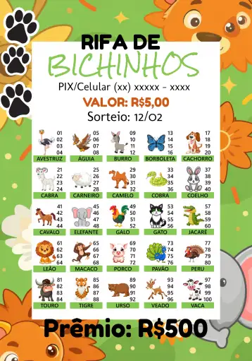 Convite Rifa De Bicho Premiações Sinheiro para evento de rifa com amigos e familiares. – tema cartelas (colorido, divertido, animais, jogos, festivo)