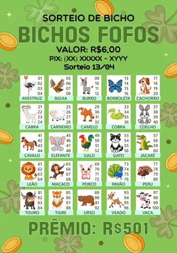 Convite Rifa De Bicho Premiações Verde para eventos de rifa e festas temáticas. – tema cartelas (verde, divertido, gráfico, natureza, colorido, temático)
