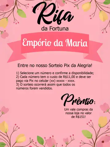 Convite Rifa Pix Da Sorte Floral Rosa – tema Cartelas floral, rosa, delicado, moderno, elegante, colorido