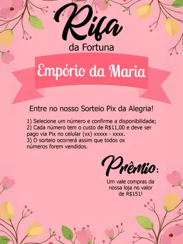Convite Rifa Pix Da Sorte Floral Rosa para ideal para sorteios e rifas em eventos especiais. – tema cartelas (floral, rosa, delicado, moderno, elegante, colorido)