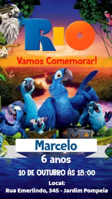 Convite Rio o Filme para aniversário infantil – tema aniversário infantil (colorido, animado, tropical, divertido, temático, ilustrativo)
