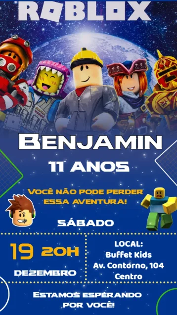 Convite Roblox para aniversário infantil – tema aniversário infantil (colorido, divertido, jogos, moderno, infantil, interativo)