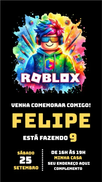 Convite Roblox para aniversário infantil com tema de roblox. – tema aniversário infantil (vibrante, colorido, moderno, jogos, diversão, interativo)
