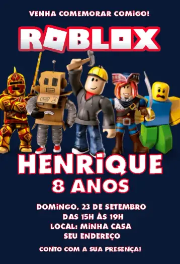 Convite Roblox azul menino para aniversário infantil com temática de jogos. – tema cartão (moderno, divertido, jogos, azul marinho, infantil, temático)