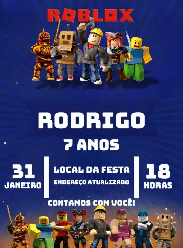 Convite Roblox Branco – tema Mais pesquisados modernos, coloridos, jogos, infantil, temáticos, divertidos