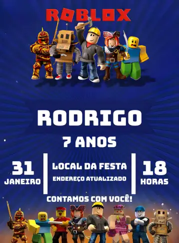Convite White Roblox para children's birthday party with a roblox theme. – tema most searched for (modern, colorful, games, children's, themed, fun)