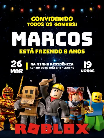 Convite Roblox Branco para aniversário infantil com tema de roblox. – tema mais pesquisados (colorido, divertido, moderno, jogos, infantil, vibrante)