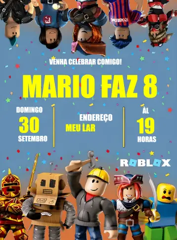 Convite Roblox Maker para children's birthday with roblox theme. – tema most searched for (modern, fun, colorful, youthful, themed)