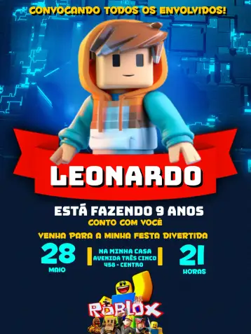 Convite Roblox Game para children’s birthday party with roblox theme. – tema most searched for (colorful, modern, playful, games, kids, technologic)