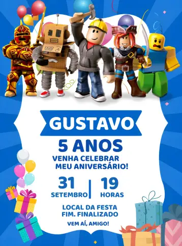 Convite Roblox Lego Azul para aniversário infantil com tema de roblox e lego. – tema mais pesquisados (azul, quadrinhos, moderno, divertido, jogos, infantil)