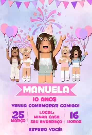 Convite Roblox Menina 5 editável e personalizável