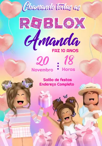 Convite Roblox Chica para cumpleaños infantil con tema de roblox. – tema más buscados (rosa, púrpura, blanco, juegos, divertido, moderno)