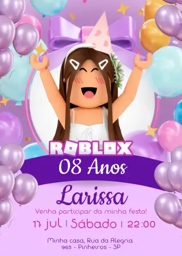 Convite Roblox Chica Blanca para cumpleaños infantil con temática de roblox. – tema más buscados (lúdico, colorido, moderno, jovial, temático, divertido)