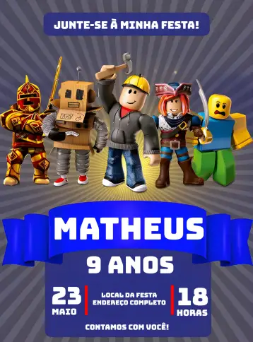 Convite Roblox Boy para children's birthday – tema most searched for (gamer, blue, red, fun-filled, modern, themed)