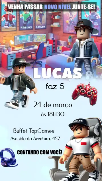 Convite Roblox Boy Robux para children's birthday party with roblox theme. – tema most searched for (gamer, blue, modern, fun, childish)