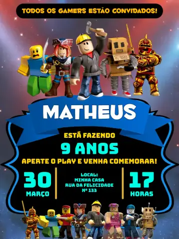 Convite Roblox Negro para cumpleaños infantil con temática roblox. – tema más buscados (moderno, gamer, negro y verde, divertido, digital, interactivo)