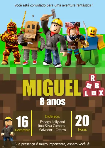 Convite Roblox Robux para aniversário infantil – tema aniversário infantil (colorido, divertido, moderno, temático, jogos, infantil)