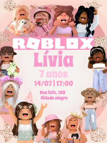 Convite Roblox Pink para children's birthday with roblox theme. – tema most searched for (pink, glitter, fun, games, themed, children's)