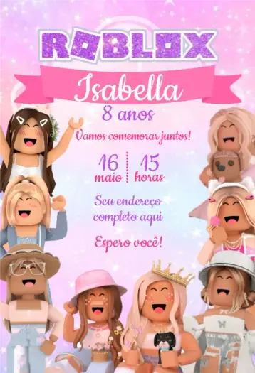 Convite Roblox Rosa para cumpleaños infantil. – tema cumpleaños infantil (rosa, divertido, jovial, colorido, temático)
