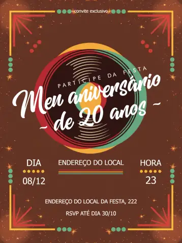 Convite Rock - Vinil Vintage Marrom para aniversário de adultos com tema rock. – tema aniversário (vintage, rock, marrom, música, retrô)