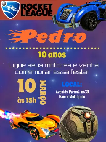 Convite Rocket League Carro para cumpleaños infantil con temática de carrera. – tema más buscados (moderno, colorido, dinámico, juego, deportivo)